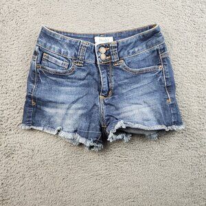 MUDD High Rise Shorty Cutoff Denim Double Button Shorts Size 1 Juniors Stretch